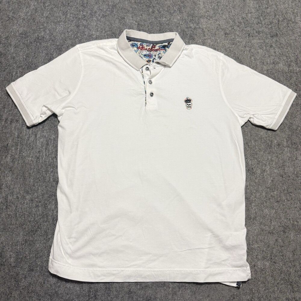 Robert Graham Men's Polo Shirt Large White Classic Fit Embroidered Skull Crown L